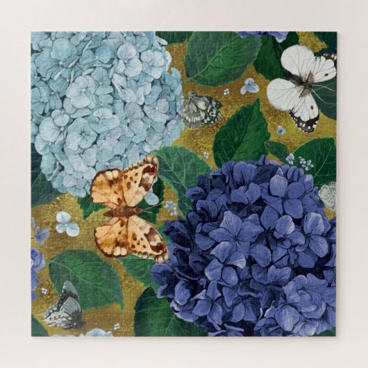 Blue Hydrangea Blume und Schmetterling Puzzle (Horizontal)