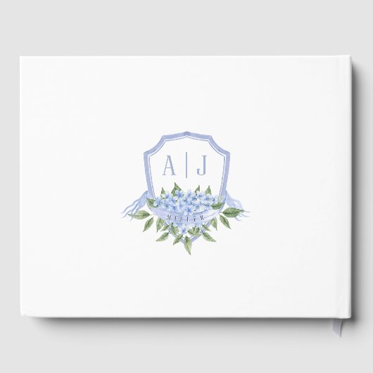 Blue Hydrangea Blume & Wappen, Hochzeit Gästebuch (Rückseite)