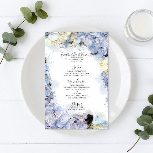 Blue Hydrangea Blume Watercolor Wedding Menu