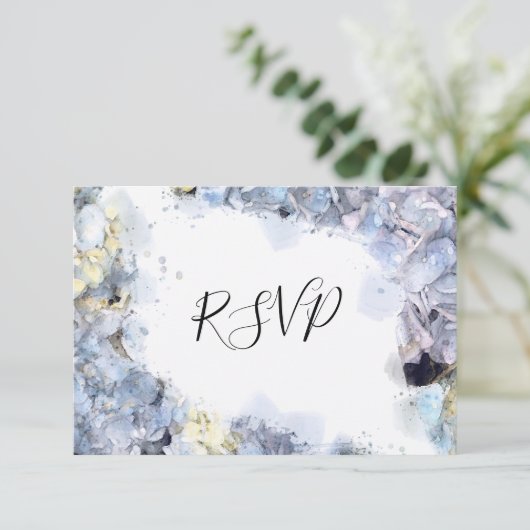 Blue Hydrangea Blume Watercolor Wedding RSVP (Stehend Vorderseite)