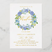 Blue Hydrangea Blume Wreath Christening Folieneinladung (Vorderseite)