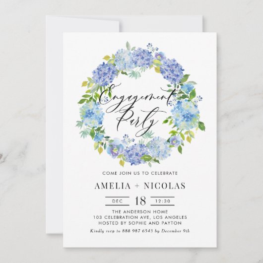 Blue Hydrangea Blume Wreath Engagement Party Einladung (Vorderseite)