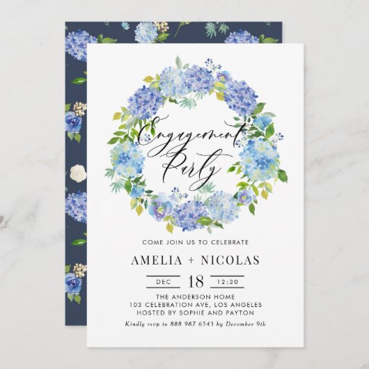 Blue Hydrangea Blume Wreath Engagement Party Einladung (Vorne/Hinten)