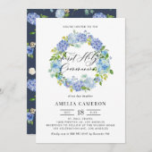 Blue Hydrangea Blume Wreath Erste Heilige Kommune Einladung (Vorne/Hinten)