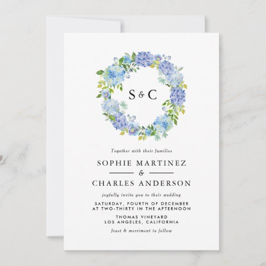 Blue Hydrangea Blume Wreath Wedding Einladung (Vorderseite)