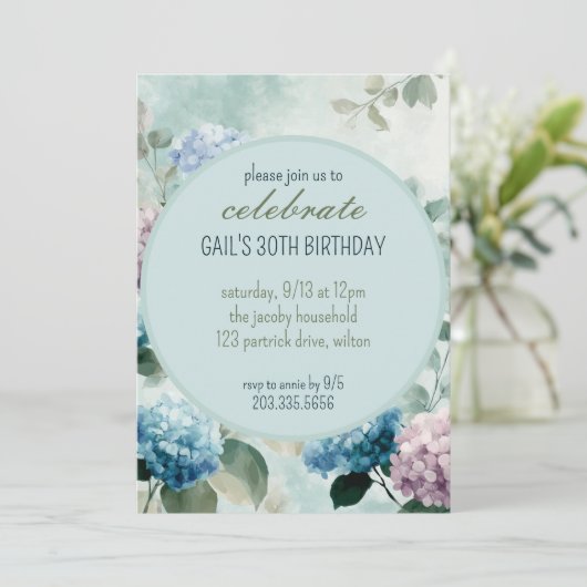 Blue Hydrangea Blumenzirkel Einladung (Stehend Vorderseite)