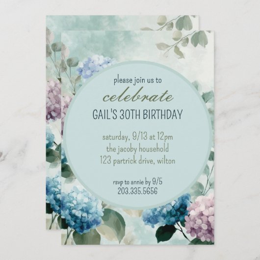 Blue Hydrangea Blumenzirkel Einladung (Vorne/Hinten)