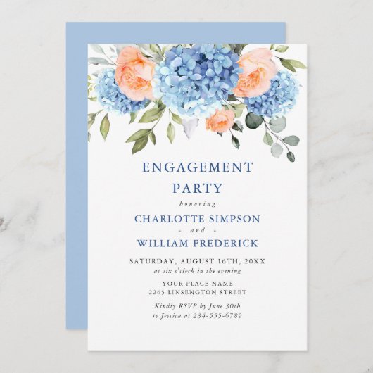Blue Hydrangea Blush Pink Roses ENGAGEMENT PARTEI Einladung (Vorne/Hinten)