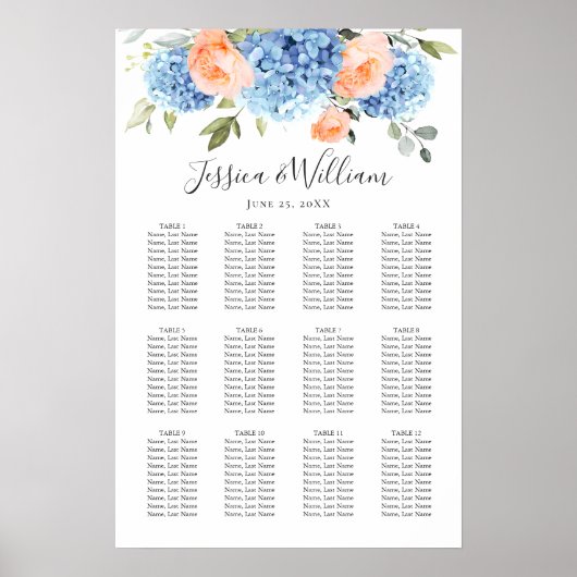 Blue Hydrangea Blush Rose 12 Tables SITZENSTRECKE Poster (Vorne)