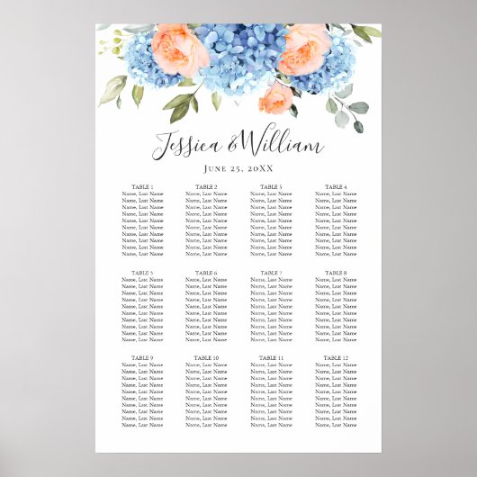 Blue Hydrangea Blush Rose 12 Tables SITZENSTRECKE Poster (Vorne)