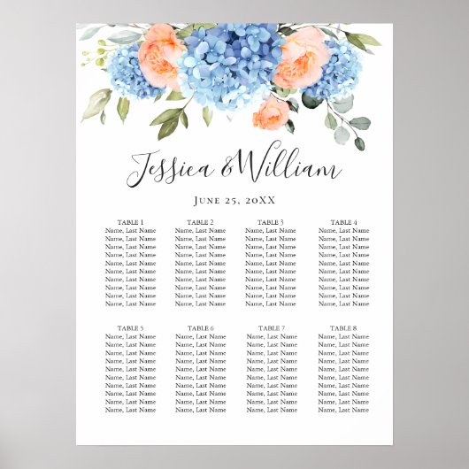 Blue Hydrangea Blush Rose 8 Tische SITZPLATZ Poster (Vorne)