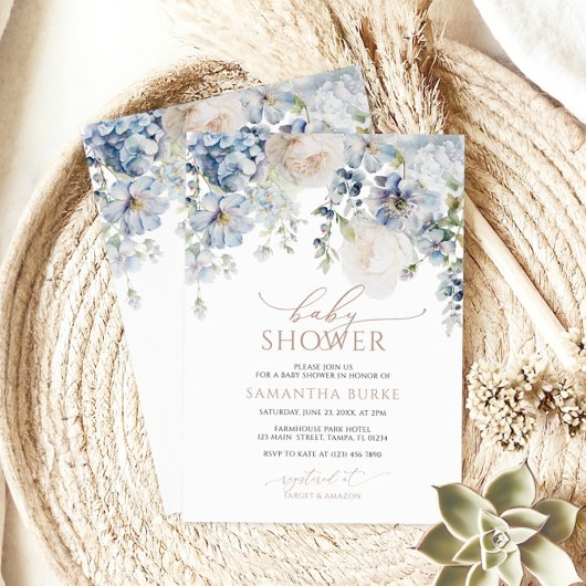 Blue Hydrangea & Blush Rose Babydusche Einladung