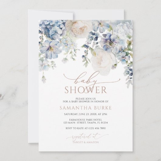 Blue Hydrangea & Blush Rose Babydusche Einladung (Vorderseite)