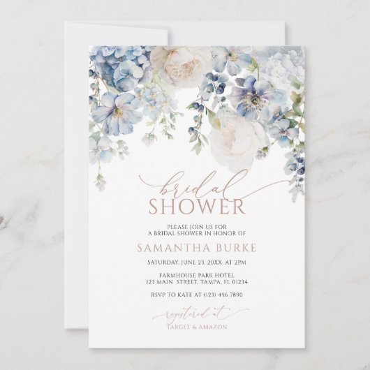 Blue Hydrangea & Blush Rose Brautparty Einladung (Vorderseite)