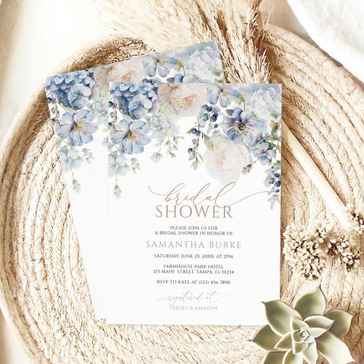 Blue Hydrangea & Blush Rose Brautparty Einladung