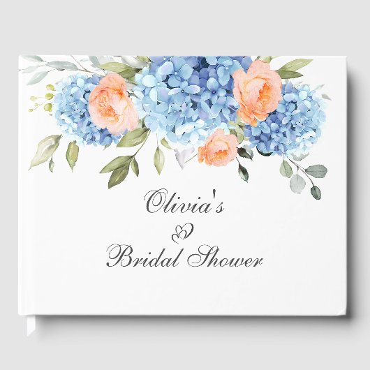 Blue Hydrangea Blush Rose Eukalyptus Brautparty Gästebuch (Vorderseite)