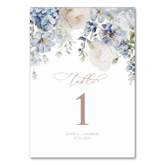 Blue Hydrangea & Blush Rose Hochzeiten Tischnummer (Vorderseite)