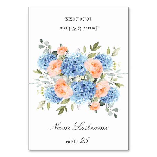 Blue Hydrangea Blush Rose Hochzeitskarte Tischnummer (Vorderseite)
