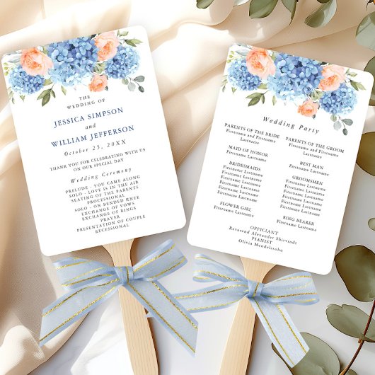 Blue Hydrangea Blush Rose Hochzeitsprogramm Fächer