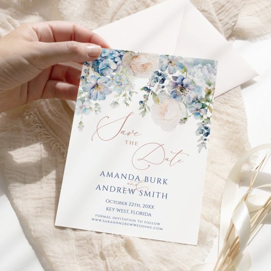 Blue Hydrangea & Blush Rose Save the Date Einladung