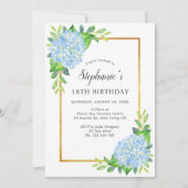 Blue Hydrangea Border Birthday Einladung (Vorderseite)