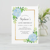 Blue Hydrangea Border Birthday Einladung (Stehend Vorderseite)