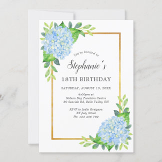 Blue Hydrangea Border Birthday Einladung