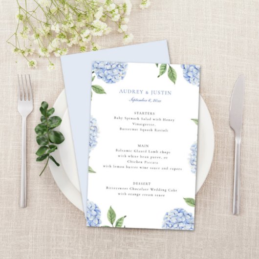 Blue Hydrangea Border Classic Wedding Paper Menü