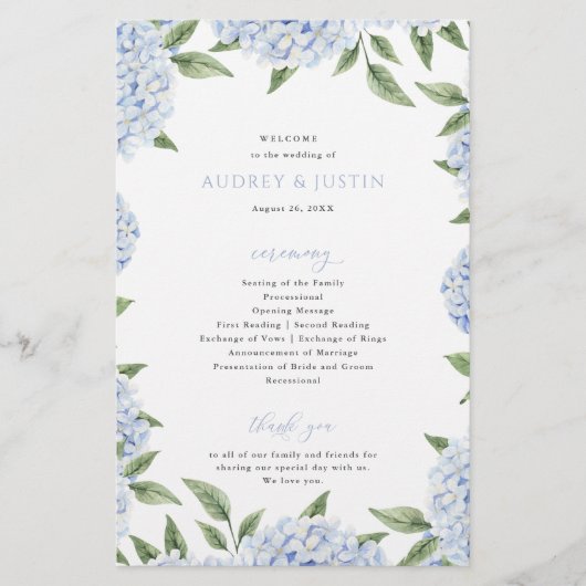 Blue Hydrangea Border Folding Paper Program Flyer (Vorne)