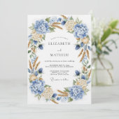 Blue Hydrangea Botanical Romance Wedding Einladung (Stehend Vorderseite)