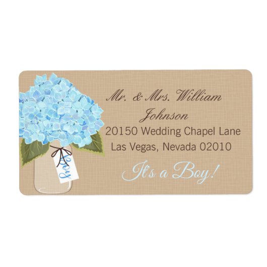 Blue Hydrangea Bouquet Baby Dusche Label (Vorne)