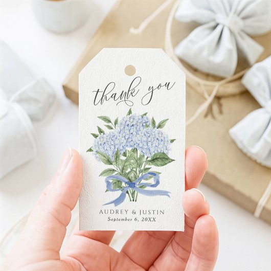 Blue Hydrangea Bouquet Blue Ribbon Wedding Geschenkanhänger