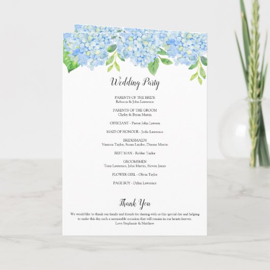 Blue Hydrangea Bouquet Botanical Wedding Program Programm (Rückseite)