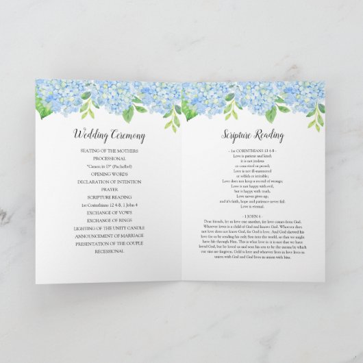 Blue Hydrangea Bouquet Botanical Wedding Program Programm (Innenseite)