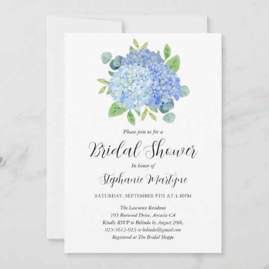 Blue Hydrangea Bouquet Botanisches Brautparty Einladung (Vorderseite)