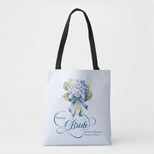 Blue Hydrangea Bouquet Bride Bachelorette Tasche (Vorderseite)