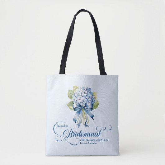 Blue Hydrangea Bouquet Bridesmaid Bachelorette Tasche (Vorderseite)
