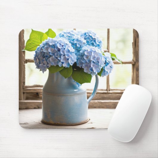 Blue Hydrangea Bouquet in Window Mousepad (Mit Mouse)