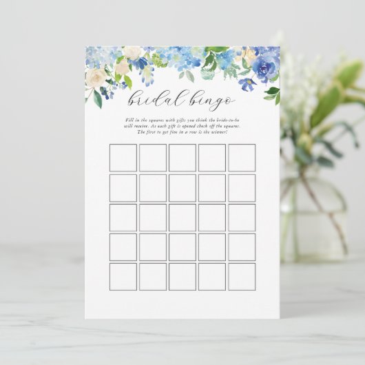 Blue Hydrangea Brautparty Bridal Bingo Game Einladung (Stehend Vorderseite)
