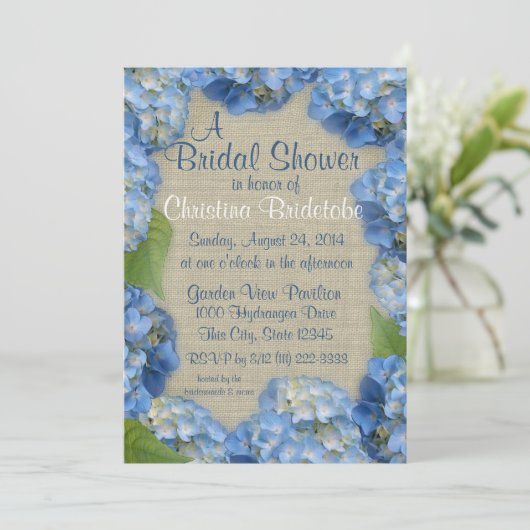 Blue Hydrangea Brautparty Einladung (Stehend Vorderseite)