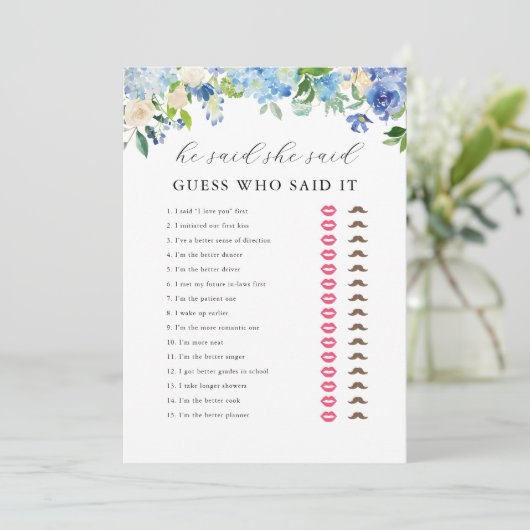 Blue Hydrangea Brautparty Er sagte, sie sagte, Spi Einladung (Stehend Vorderseite)