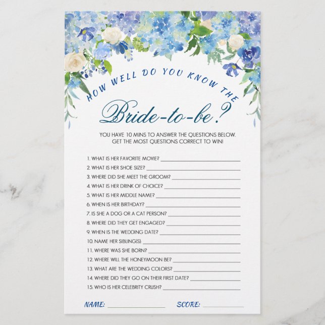 Blue Hydrangea Brautparty Game (Vorderseite)