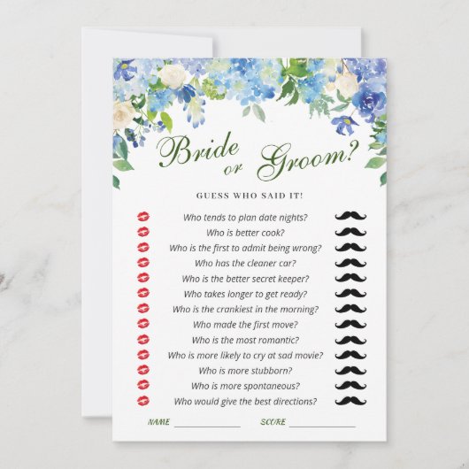 Blue Hydrangea Brautparty Game Card Einladung (Vorderseite)