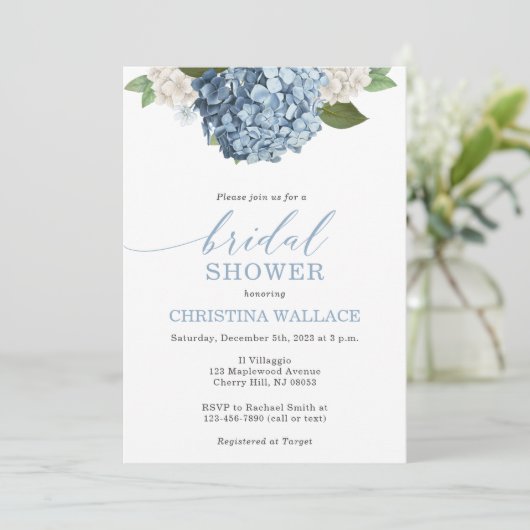 Blue Hydrangea Bridal Dusche Einladung (Stehend Vorderseite)
