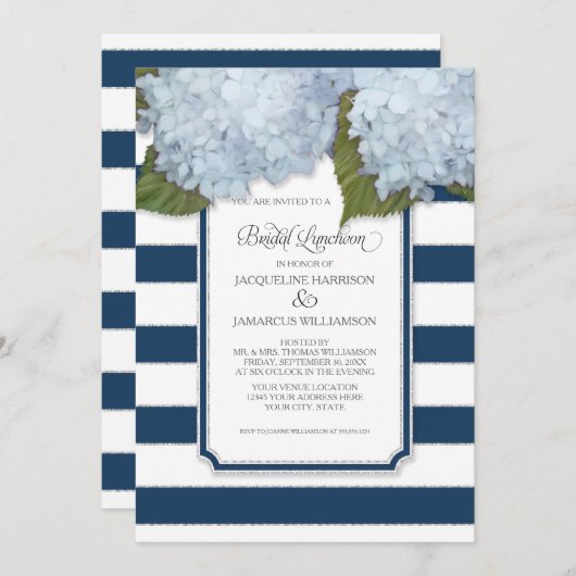 Blue Hydrangea Bridal Luncheon Navy Stripe Modern Einladung (Vorne/Hinten)