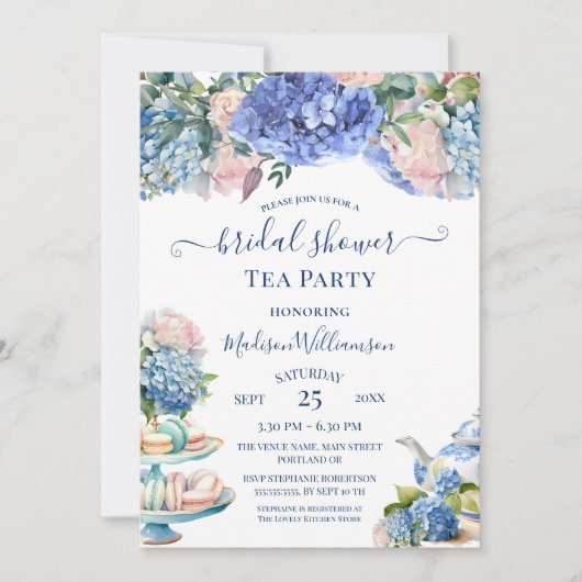 Blue Hydrangea Bridal Shower Tea Party QR code Einladung (Vorderseite)