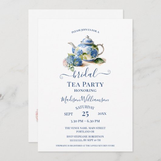 Blue Hydrangea Bridal Tea Party Einladung (Vorne/Hinten)