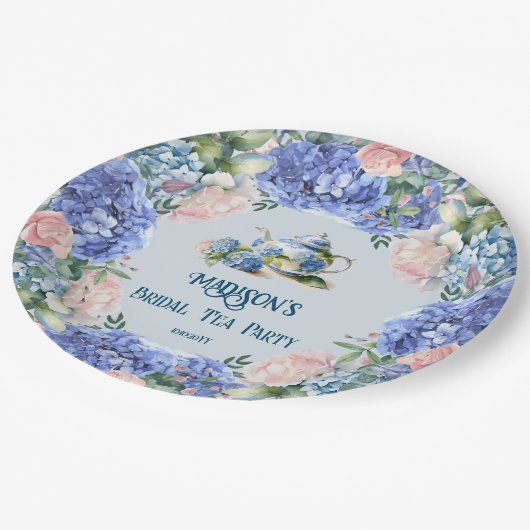 Blue Hydrangea Bridal Tea Party Pappteller (Schrägansicht)