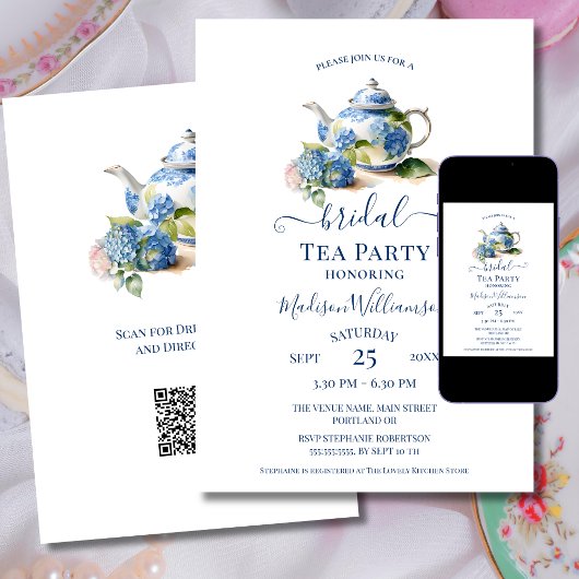 Blue Hydrangea Bridal Tee Party QR Code Einladung
