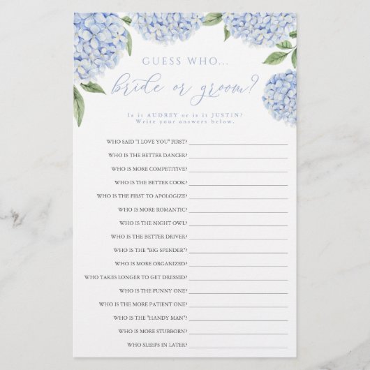 Blue Hydrangea Bridge oder Groom Paper Game Card Flyer (Vorne)
